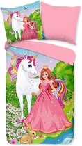Cheqo® Dekbedovertrek voor Kinderen - Eenpersoons - 135x200 - Inclusief Kussensloop - 100% Katoen - Prinses met Unicorn - Roze