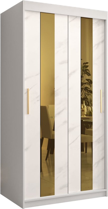 Zweefdeurkast met spiegel Kledingkast met 3 schuifdeuren Garderobekast slaapkamerkast Kledingstang met planken (LxHxP): 100x200x62 cm - Denlo P (Wit, 100) met lades