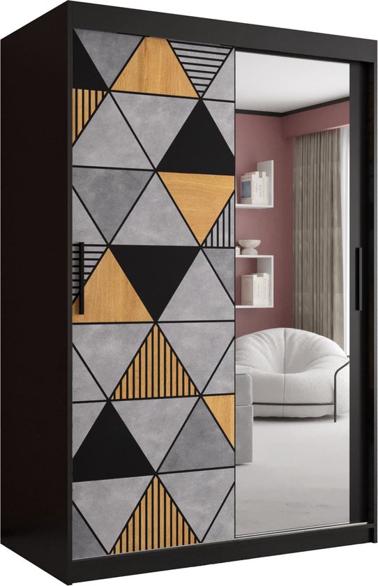 Zweefdeurkast met spiegel Kledingkast met 2 schuifdeuren Garderobekast slaapkamerkast Kledingstang met planken (LxHxP): 120x200x60 cm - Gara II (Zwart, 120) met lades