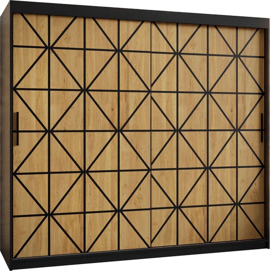 Zweefdeurkast Kledingkast met 2 schuifdeuren Garderobekast slaapkamerkast Kledingstang met planken (LxHxP): 200x200x60 cm - Kaso I (Zwart en geometrische patronen, 200)