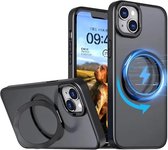 Magnetisch Hoesje Geschikt voor iPhone 15 Plus | Kickstand Back Cover met Standaard | Telefoonhoesje met Ring | Beschermhoes met Magneet voor Auto Houder Zwart Transparant