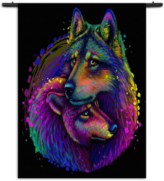 Velours Wandkleed Colored Wolves Rechthoek Verticaal S (85 X 60 CM) - Wandkleden - Met roedes
