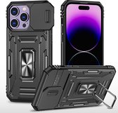 Podec Hoesje geschikt voor iPhone 14 Pro Max Zwart Telefoonhoesje - Anti-Shock Case Cover Hybrid Armor Hoes met Kickstand Ring met Screenprotector