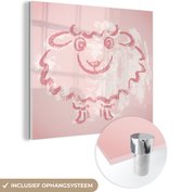 MuchoWow® Glasschilderij 50x50 cm - Schilderij acrylglas - Een illustratie van een schaap in het roze - Foto op glas - Schilderijen