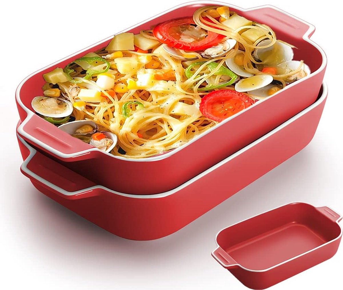 Pan, 2 stuks 9 x 5 inch rechthoekige keramische ovenschalen met handvat, gekleurde kleine oven op tafel bakpan, ideaal voor oven, keramiek, bakpan, lasagne bakpan (rood)