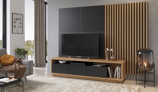 Nicesleep - TV-meubel Milaan - Wotan eiken, zwart mat - 200 cm breed