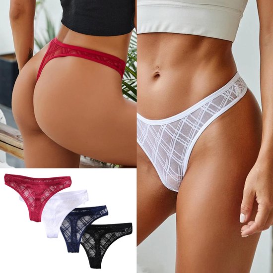 4 Pack - Luxe Dames String - Transparant Geruit - Zwart, Blauw, Rood en Wit - Dames Lingerie / Ondergoed Set - Maat XL