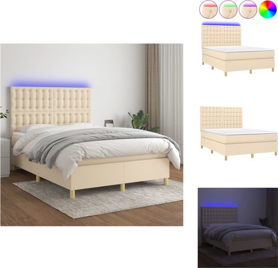 vidaXL Bed Crème 193x144x118/128 cm - pocketvering matras - verstelbaar hoofdbord - LED-verlichting - huidvriendelijk topmatras - Bed