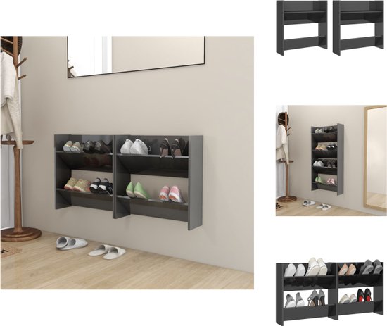 vidaXL Schoenenkast - 60 x 18 x 60 cm - Hoogglans grijs - 2 schappen - Schoenenkast