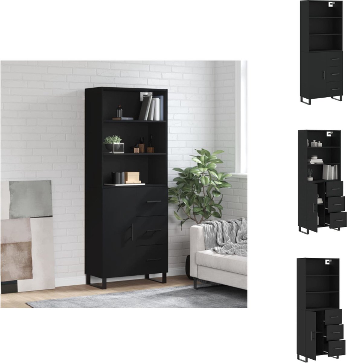 VidaXL Hoge Kast Opbergkast 69.5 x 34 x 180 cm Zwart Keukenkast