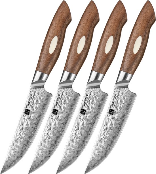 Xinzuo Ensemble de couteaux à steak de 67 couches en acier Damas AUS10 - Set de 4 couteaux à steak - Motif damas Uniek - avec coffret cadeau / boîte de rangement - Manche en bois de noyer - Série Xinzuo B46W