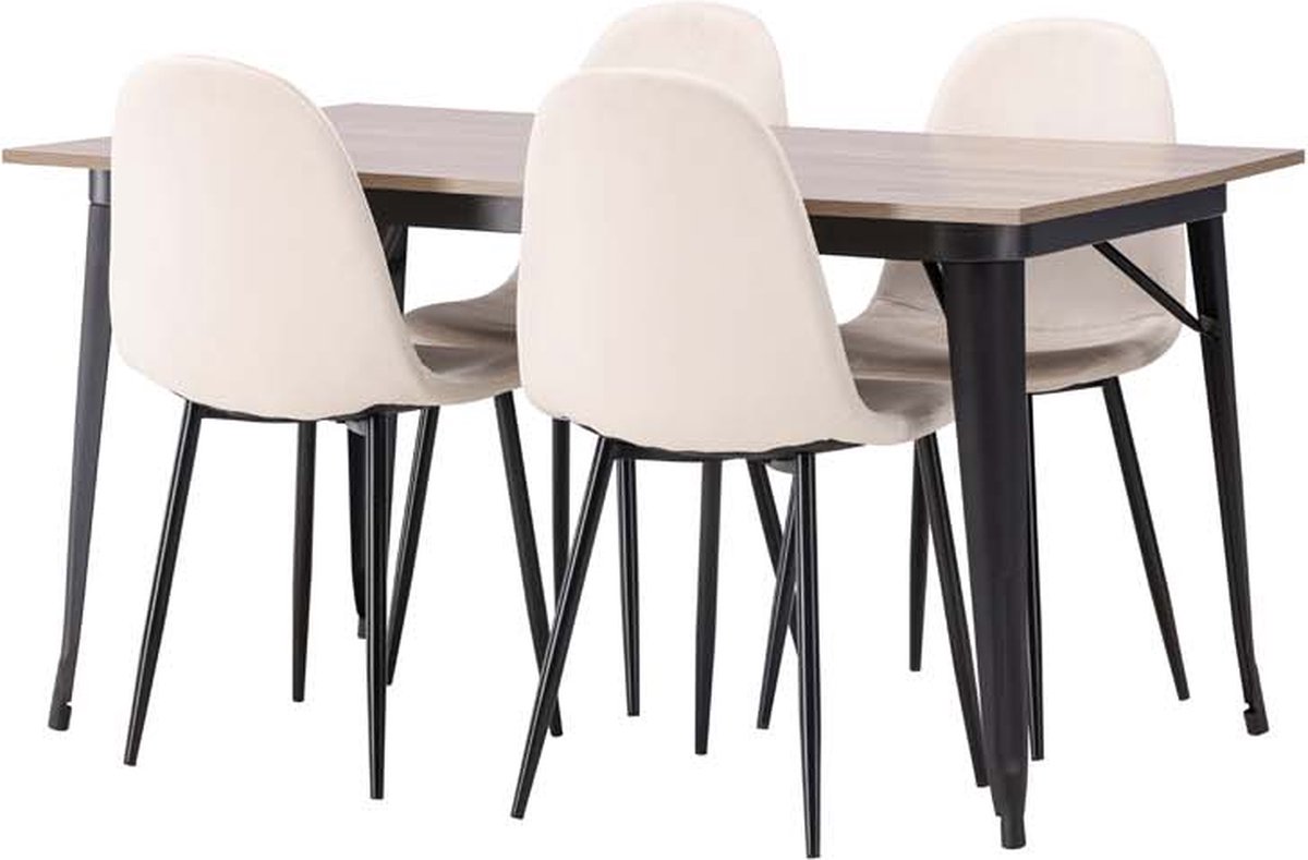 Tempe eethoek tafel okkernoot decor en 4 Polar stoelen beige.