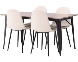 Tempe eethoek tafel okkernoot decor en 4 Polar stoelen beige.
