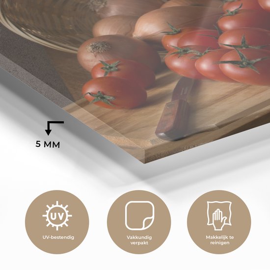 MuchoWow® Tableau sur verre 80x60 cm - Tableau sur verre acrylique - Planche à découper - Légume - Nature morte - Pâtes - Oignon - Tomate - Planche à découper - Photo sur verre - Décoration murale salon - Décoration murale chambre - Peintures