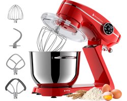 KitchenBrothers Keukenrobot - Keukenmachine - Touch Display en Timer - BPA-vrij - 6,2L - 1800W - Keukenmixer - Aluminium - Rood