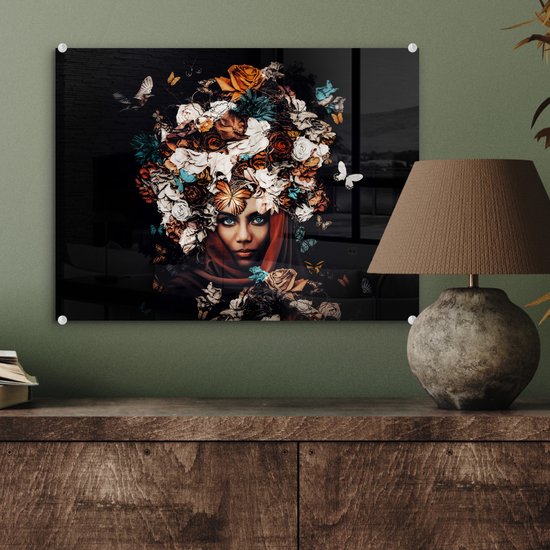 MuchoWow® Peinture sur Verre - Fleurs - Papillon - Femmes - Foulard - 40x30 cm - Peintures sur Verre Acrylique - Photo sur Glas