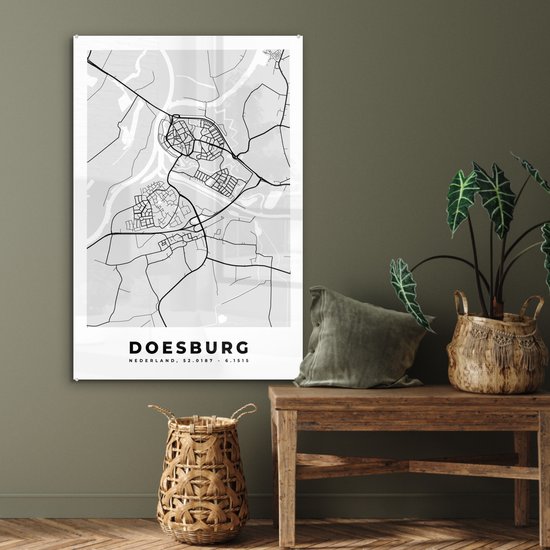 Peinture sur verre MuchoWow® 60x90 cm - Peinture acrylique sur verre - Doesburg - Nederland - Carte - Plan de ville - Zwart et Wit - Photo sur verre - Peintures
