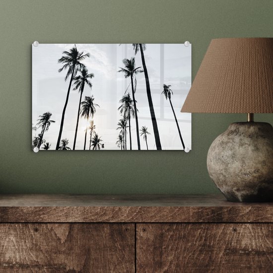 MuchoWow® Glasschilderij 30x20 cm - Schilderij acrylglas - Palmbomen - Zomer - Tropisch - Foto op glas - Schilderijen