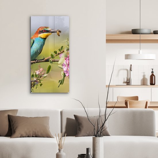 MuchoWow® Peinture sur verre 40x80 cm - Peinture sur verre acrylique - Vogel - Guêpier - Fleurs - Photo sur verre - Peintures