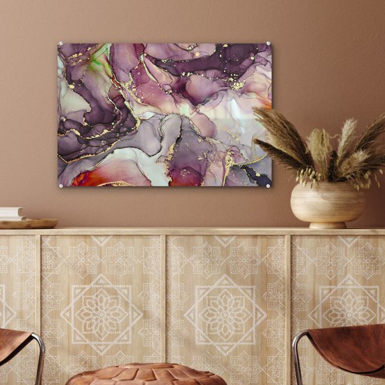 MuchoWow® Peinture sur Verre - Marbre - Rouge - Violet - Or - 60x40 cm - Peintures sur Verre Acrylique - Photo sur Glas