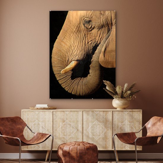MuchoWow® Peinture sur verre 90x120 cm - Peinture sur verre acrylique - Éléphant - Animaux - Gros plan - Zwart - Photo sur verre - Peintures