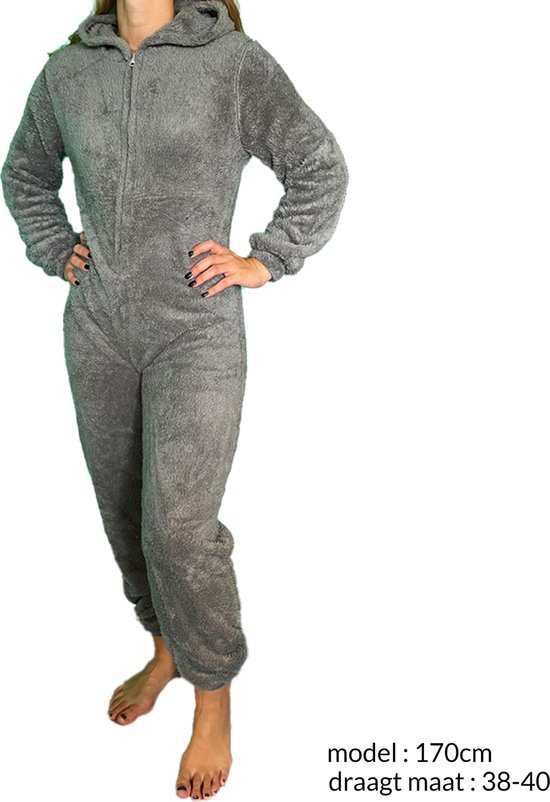 Dames - Onesie - Grijs - [ Maat 36-38 ] - Huispak - Onesies voor Volwassenen - Pyjama - Fleece - Teddy - Cadeau voor vrouw - Teddy Jumpsuit.