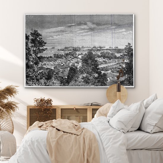 MuchoWow® Peinture sur verre 180x120 cm - Peinture sur verre acrylique - Illustration Zwart et blanc de Yokohama au Japon - Photo sur verre - Peintures