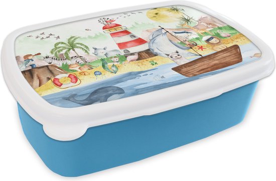 Broodtrommel Blauw - Lunchbox - Brooddoos - Strand - Dieren - Kinderen - Vuurtoren - Jongens - 18x12x6 cm - Kinderen - Jongen
