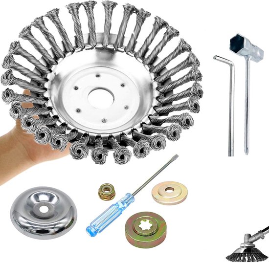 WonderStore© Stalen borstel met 7-delige adapterset, onkruidborstel 200 mm x 25,4 mm, staaldraad gevlochten, kegelborstel voor grastrimmer, bosmaaier, tegen onkruid, mos, hardnekkige afzettingen en verontreinigingen van WonderStore — afbeelding 2