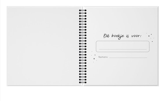 Een open boek met de tekst 'Dit boekje is voor:' en een invoerveld voor namen.