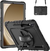 Shockproof Hoes - Geschikt voor Samsung Galaxy Tab S9+ / S9 FE+ - Kras- en stootbestendig - Schokabsorberend - Standaard - Hand- en Schouderband - Zwart