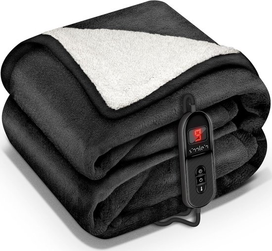 Sinnlein- Couverture chauffante avec arrêt automatique, noir, 200 x 180 cm, couverture chauffante avec 9 niveaux de température, couverture douillette, lavable