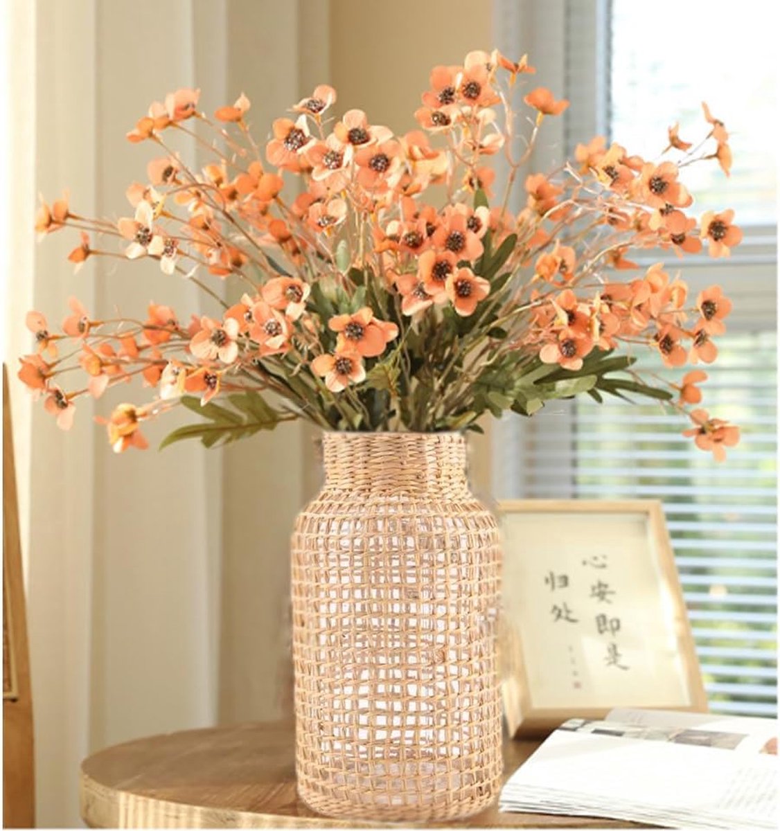 Unyqoos Moderne glazen vaasdecoratie, met de hand gemaakt kristalheldere bloemenvaas in boho-stijl met zeegras, plantencontainer voor thuis- en kantoordecoratie, vaas voor pampasgras, cadeau voor bruiloft en housewarmingfeest. wit