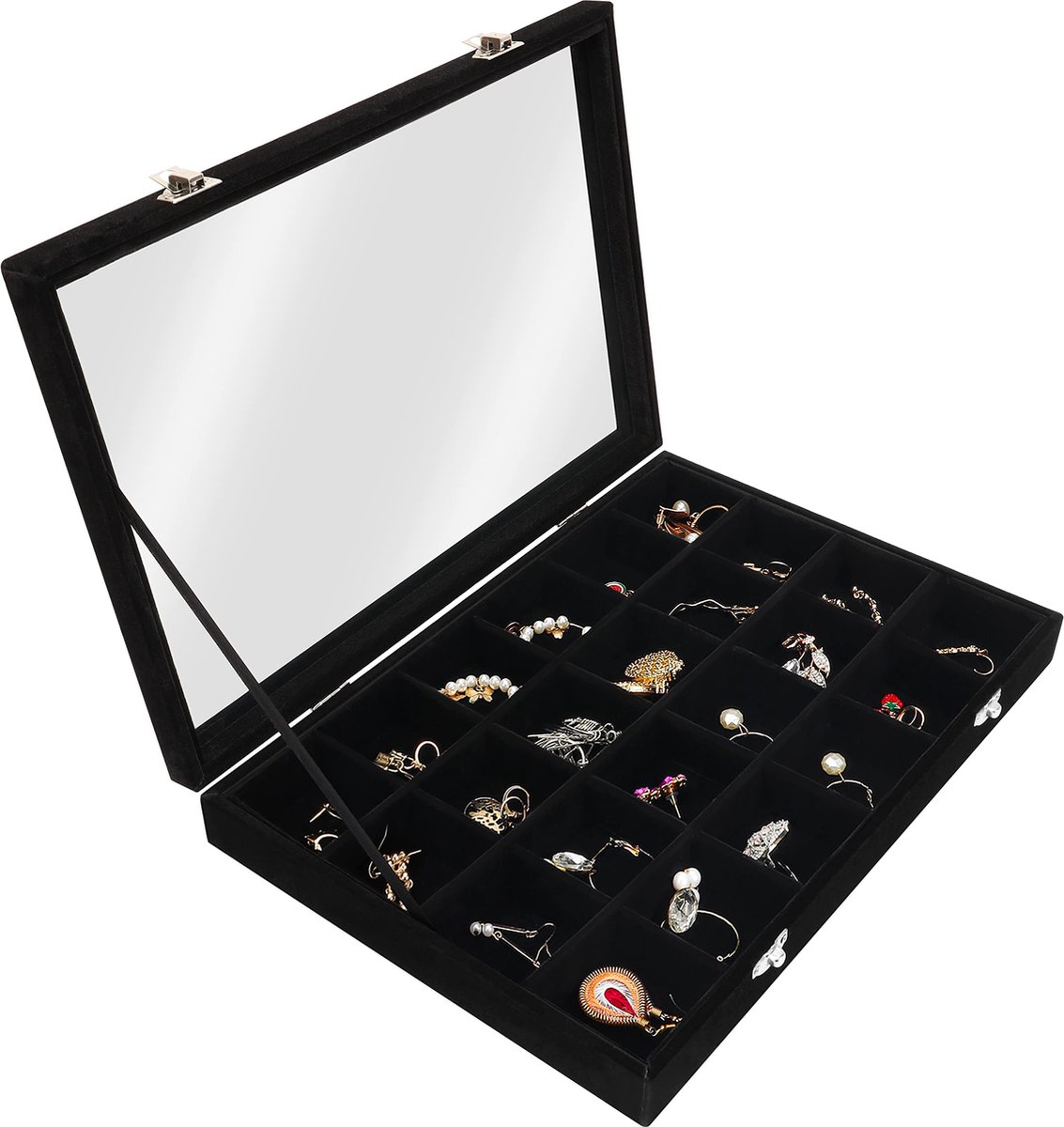 Belle Vous Zwart Velours Sieraden Organizer Display Case met 24 Secties & Glazen Deksel - Grote Stapelbare Doos Tray - Aanpasbare Opslag Rasters voor Ringen, Kettingen, Armbanden, Oorbellen & Horloges