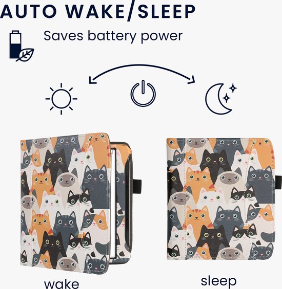 kwmobile flip cover geschikt voor Pocketbook Era / Era Color - Hoes met handgreep en voorvak voor e-reader - Book case in oranje / zwart / wit - Katten design van Merkloos — afbeelding 4