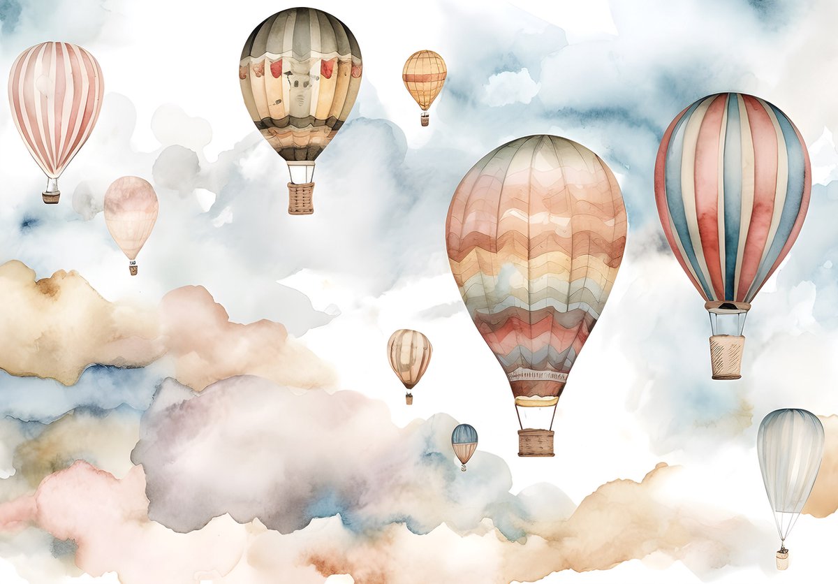 Fotobehang - Voor Kinderen Sprookje - Ballonnen - Waterkleuren - Aquarell - Vliesbehang - 416x254cm (lxb)