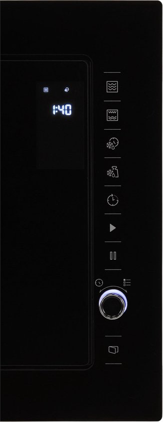 Detail van het zwarte bedieningspaneel van een Beko inbouwmagnetron met digitaal display en draaiknop.