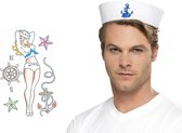 Carnaval verkleed Matrozen hoedje - wit - met zeeman plak tatoeages - volwassenen - accessoires set