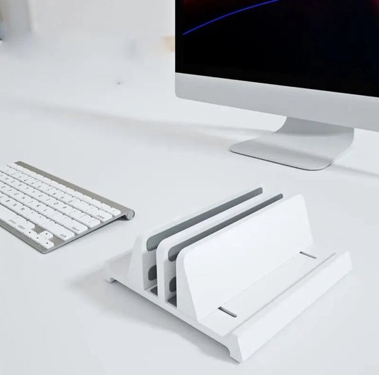 KimDo - Verticale laptopstandaard - wit - verstelbare - verticaal - aluminium - 4-in-1 met 2 sleuven, ruimtebesparend voor MacBook - notebook - iPad - laptops tot 17,3 inch