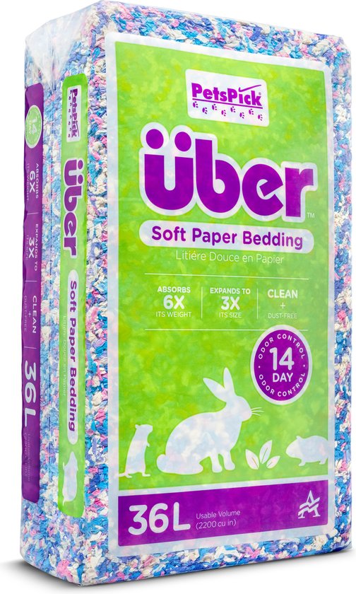 Een zak Über Soft Paper Bedding met een groen etiket en gekleurde snippers, 36L.