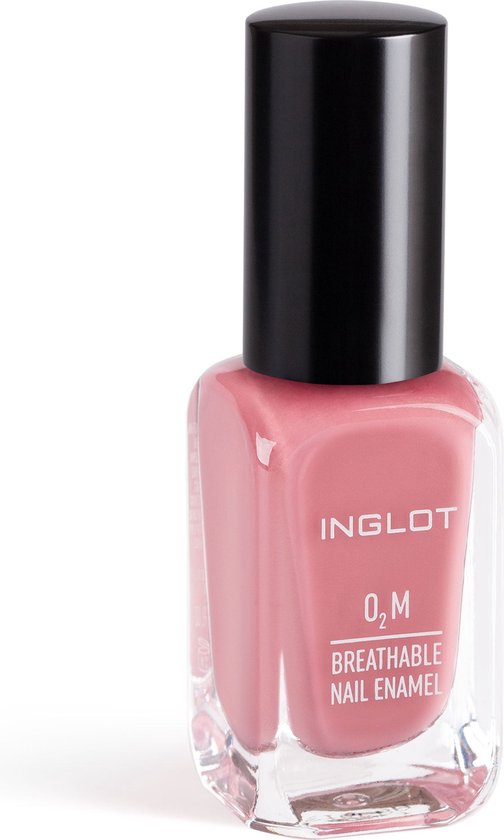 INGLOT O2M ademende nagellak in een glazen flesje met zwarte dop. De nagellak is roze-rood.
