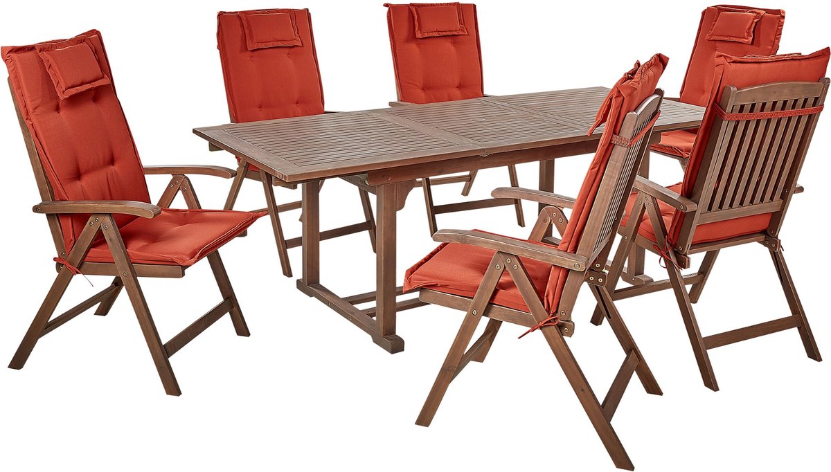 AMANTEA - Tuinset voor 6 - Donkerhout/Rood - Acaciahout