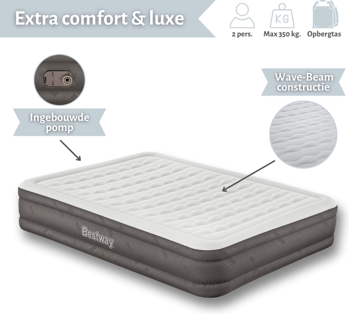 Bestway luchtbed - 2-Persoons - 152x203x36 cm (BxLxH) - Bruin - Met ingebouwde elektrische pomp - Inclusief opbergtas