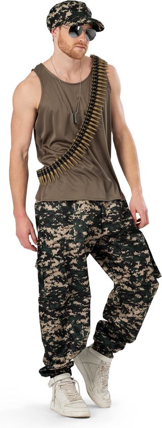 Funny Fashion - Leger & Oorlog Kostuum - Army Andy - Man - Groen, Wit / Beige - Maat 60-62 - Carnavalskleding - Verkleedkleding