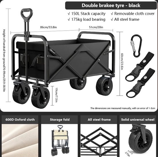 HOMCOM Opvouwbare handwagen, 150 kg draagvermogen, uitbreidbaar