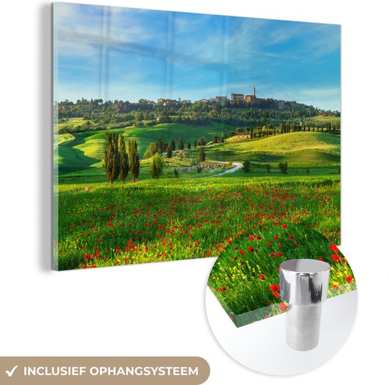 MuchoWow® Glasschilderij 60x40 cm - Schilderij acrylglas - Toscane - Landschap - Bloemen - Foto op glas - Schilderijen