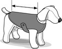 Schematische weergave van een hond met een grijs vest om de maat te bepalen.