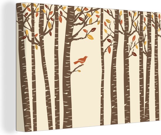 Canvas schilderij 150x100 cm - Wanddecoratie Herfst - Vogel - Illustratie - Muurdecoratie woonkamer - Slaapkamer decoratie - Kamer accessoires - Schilderijen