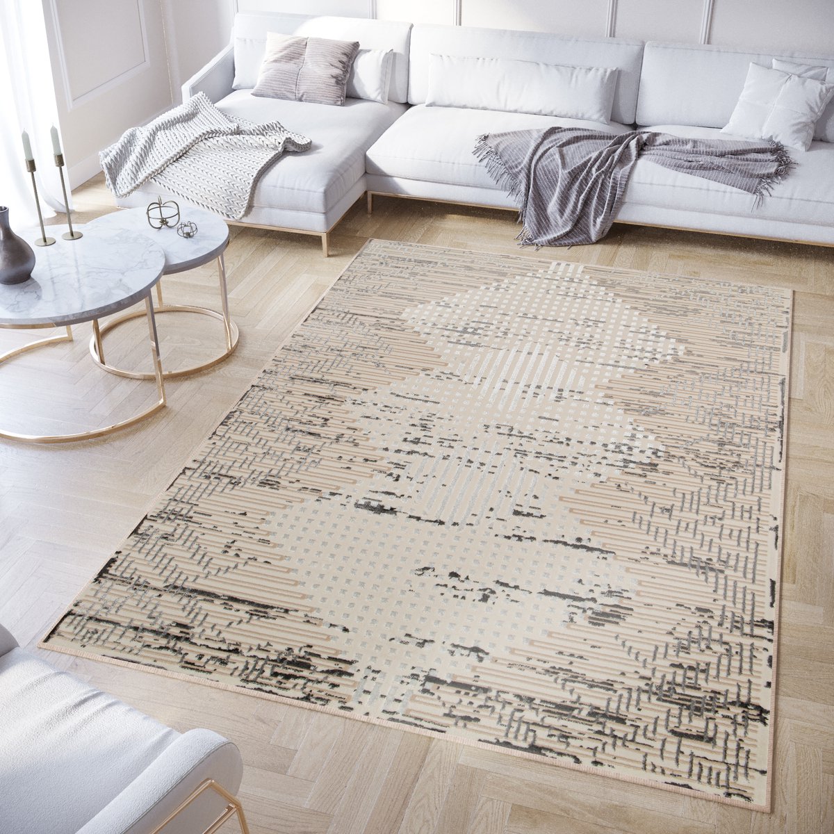 Tapiso Crystal Vloerkleed Beige Lijnen 3D Effect Kleed Tapijt Maat- 250x350