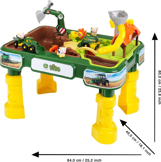 De groen-gele John Deere boerderij speeltafel met afmetingen 64x46x60 cm.